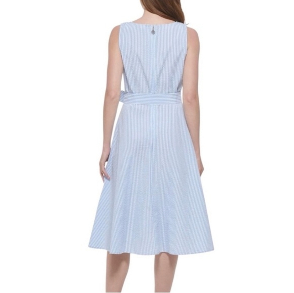 NWOT Tommy Hilfiger Light Blue Striped Seersucker Midi Dress - Picture 2 of 8